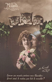 Images Dated 26th March 2018: French postcard, soldier and sweetheart with cats, WW1