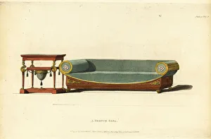 Repository Of Arts Prints: French scroll sofa and lady's work table, 1812