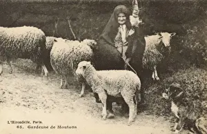 Ewes Prints: French Shepherdess with flock and dog