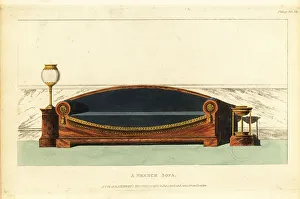 Repository Of Arts Prints: A French sofa, candelabrum and flower bowl, 1815