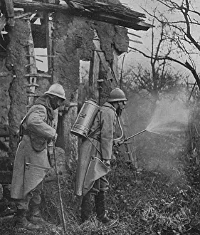 Disinfectant Prints: French soldiers spraying disinfectant, WW1