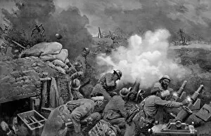 Matania Gallery: French trench artillery in action by Matania, WW1