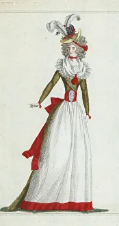 Choker Prints: French woman in bonnet, gown, fichu and petticoat, 1790