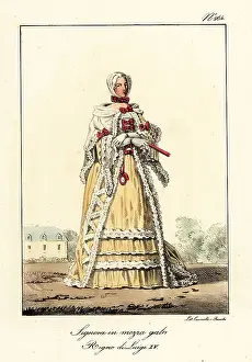 Mid 18th Century Prints: French woman in semi-formal clothes, mid-18th century