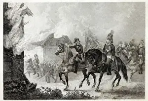 Friedrich der Grosse rides with his officers past a burning farm Date: circa 1760