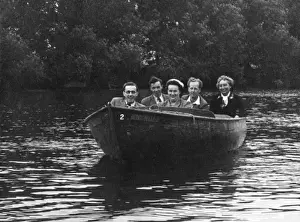 Outing Prints: Five Friends in a very small motor boat on the River Thames