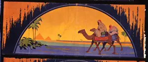 Lunette Prints: Frieze, Egyptian scene with pyramids and camels