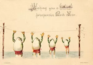 Acrobatics Gallery: Four frog acrobats on a New Year card