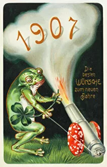 Mounted Collection: Frog celebrating the arrival of 1907 by firing a cannon