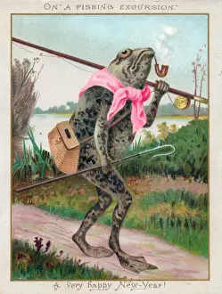 Pathway Prints: Frog fisherman on a New Year card