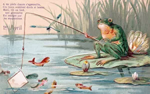 Frogs Collection: Frog fishing on a French April Fool postcard