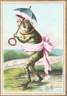 Glum Prints: Frog with parasol and pink ribbon on a Christmas card