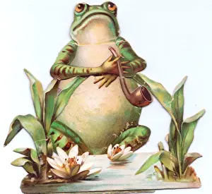Frog with pipe and lilies on a cutout greetings card