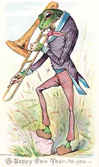 Trombone Prints: Frog playing trombone on a New Year card