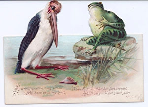 Stork Gallery: Frog and stork on a cutout Christmas card