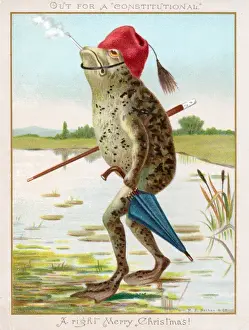 Tassel Prints: Frog with umbrella and smoking cap on a Christmas card