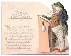 Slippers Gallery: Frog at a writing desk on a New Year card