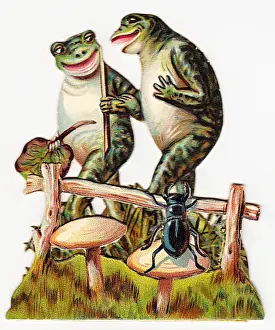 Toadstool Prints: Two frogs and beetle on a cutout greetings card