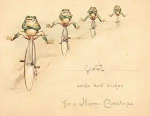 Four frogs on bicycles on a Christmas card