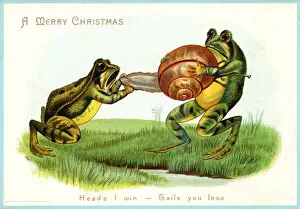Survival Gallery: Two frogs fighting over a snail on a Christmas card