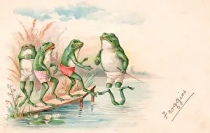 Instruction Prints: Frogs having a swimming lesson on a greetings postcard