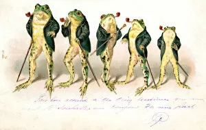 Frog Gallery: Five frogs with pipes and walking sticks on a postcard