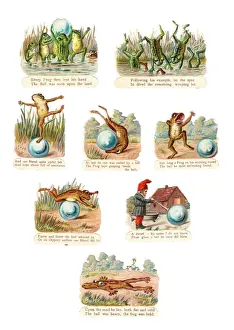 Mottled Prints: Frogs playing with a ball on eight Victorian scraps