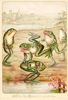 Frogs playing leapfrog on a Christmas card