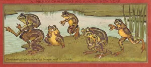 Leaping Gallery: Frogs playing leapfrog on a Christmas and New Year card