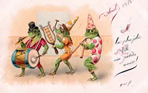 Frogs Collection: Three frogs playing music on an April Fool postcard