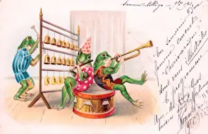Drums Prints: Three frogs playing music on a French greetings postcard