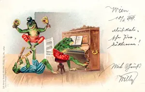 Three frogs playing music on a German postcard