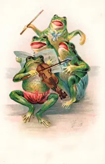 Four frogs playing and singing on a greetings postcard