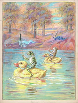 Frogs Collection: Frogs riding yellow ducks Children's Postcard