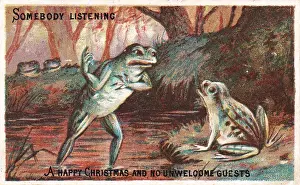 Unwelcome Prints: Frogs on a riverbank on a Christmas card
