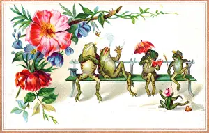 Mottled Prints: Frogs sitting on a bench on a postcard