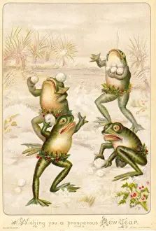 Snowballing Prints: Frogs snowballing on a New Year card