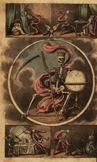 Scythe Collection: Frontispiece with skeleton of death seated with scythe
