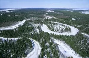 Aerials Gallery: Frozen river meanders in Taiga-forest, a tributary