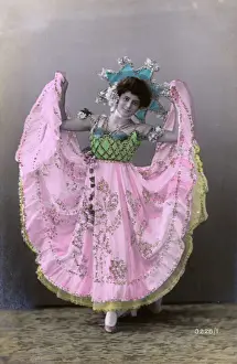 Fun card series of a British dancer in a wide-skirt costume
