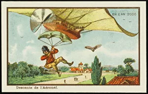 Alighting Gallery: Futuristic pilot leaving his airship by parachute