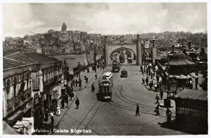Galata Collection: Galata Bridge with Tram and temporary ceremonial gateway