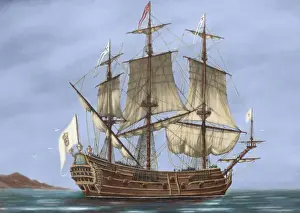 Galleon Saint Lucia. 17th century. Colored engraving