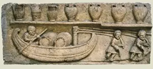 Gallo-Roman low-relief. Ferrying wine barrels