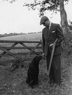 Shotgun Gallery: Gamekeeper and dog standing near five-bar gate