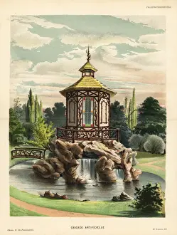 Gazebo Prints: Garden architecture with bridge leading to