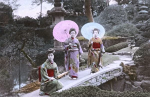 Kimono Gallery: Garden Scene, Japan - Geisha - Posed on a small stone bridge