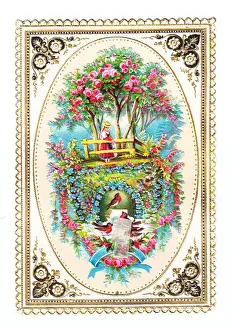 Forgetmenots Prints: Garden scene on an ornate greetings card