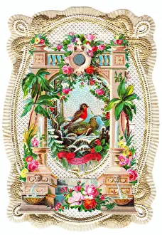 Urns Prints: Garden scene with robins and flowers on a Christmas card