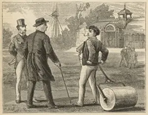 Tending Prints: A gardener takes a break from tending the lawn